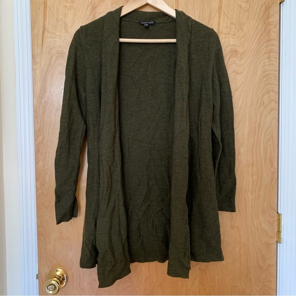 Eileen Fisher 100% Merino Wool Draped Long Cardigan, olive green, size Small - Picture 1 of 5